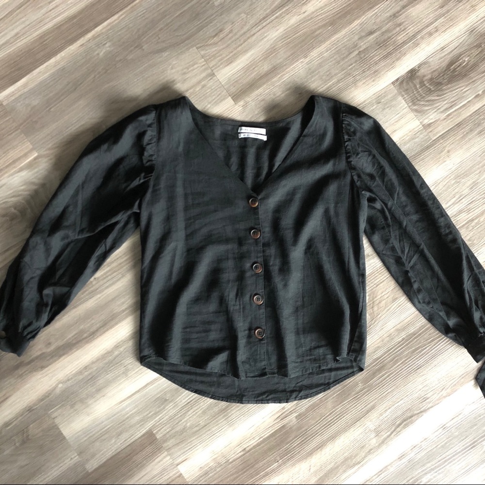 UO Dee Linen Balloon Sleeve Button-Down Top NEW